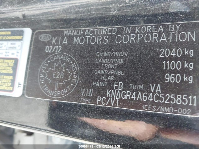 30096479 :رقم المزاد ، KNAGR4A64C5258511 vin ، 2012 Kia Optima Sx مزاد بيع
