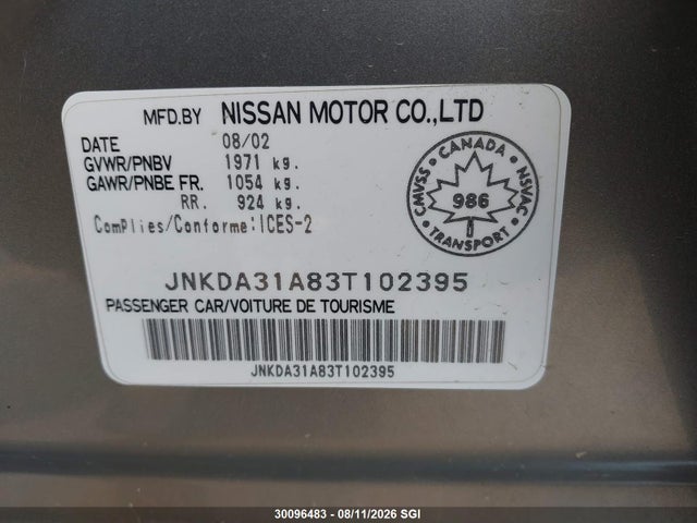 30096483 :رقم المزاد ، JNKDA31A83T102395 vin ، 2003 Infiniti I35 مزاد بيع