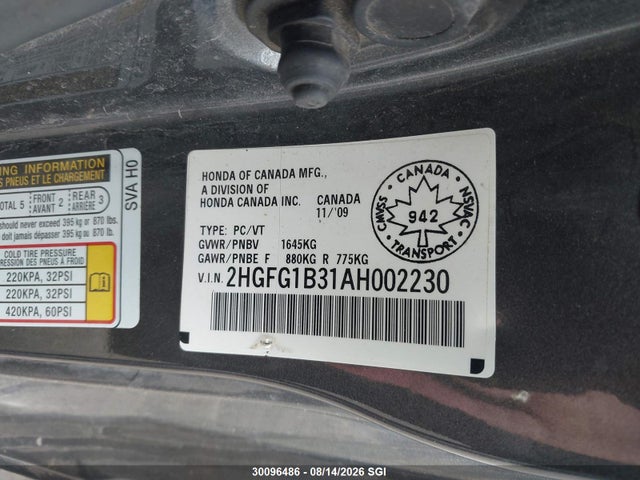 Aukcja sprzedaży 2010 Honda Civic Dx-g, vin: 2HGFG1B31AH002230, numer aukcji: 30096486