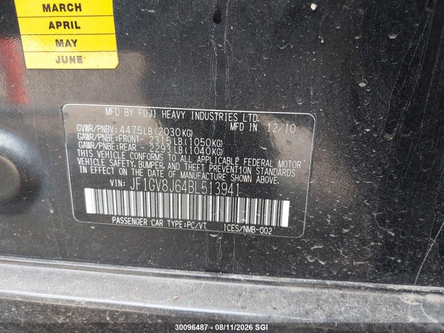 30096487 :رقم المزاد ، JF1GV8J64BL513941 vin ، 2011 Subaru Impreza Wrx Sti مزاد بيع