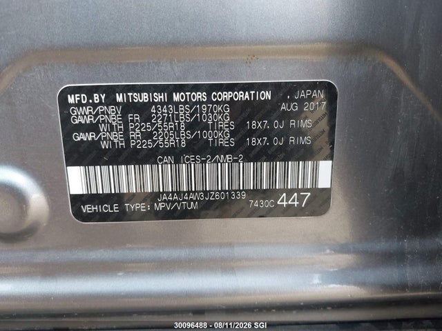 2018 Mitsubishi Rvr Se Limited/gt მანქანა იყიდება აუქციონზე, vin: JA4AJ4AW3JZ601339, აუქციონის ნომერი: 30096488