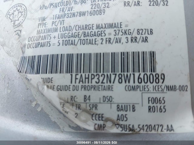 2008 Ford Focus S/se მანქანა იყიდება აუქციონზე, vin: 1FAHP32N78W160089, აუქციონის ნომერი: 30096491
