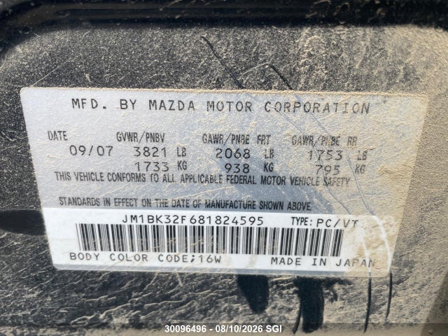 Aukcja sprzedaży 2008 Mazda 3 I, vin: JM1BK32F681824595, numer aukcji: 30096496