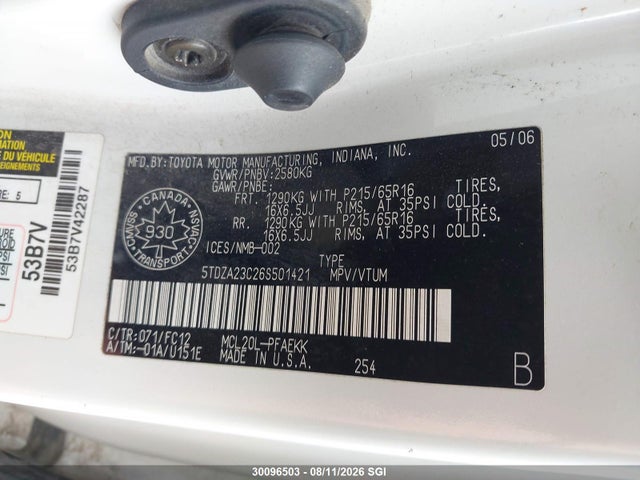 Продажа на аукционе авто 2006 Toyota Sienna Ce/le, vin: 5TDZA23C26S501421, номер лота: 30096503