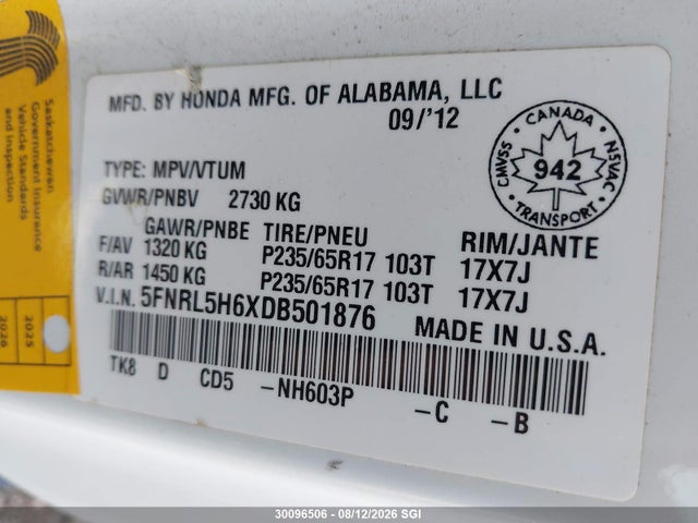 2013 Honda Odyssey მანქანა იყიდება აუქციონზე, vin: 5FNRL5H6XDB501876, აუქციონის ნომერი: 30096506