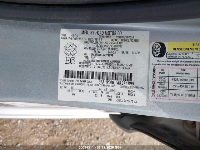 2010 Ford Fusion Sport მანქანა იყიდება აუქციონზე, vin: 3FAHP0DC1AR374899, აუქციონის ნომერი: 30096511
