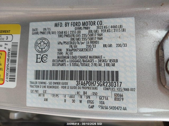 30096414 :رقم المزاد ، 3FA6P0H75GR230317 vin ، 2016 Ford Fusion Se مزاد بيع
