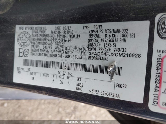 30096536 :رقم المزاد ، 3FADP4FJ2CM216928 vin ، 2012 Ford Fiesta Ses مزاد بيع