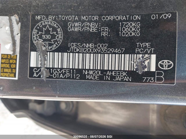 30096535 :رقم المزاد ، JTDKB20UX93529467 vin ، 2009 Toyota Prius مزاد بيع