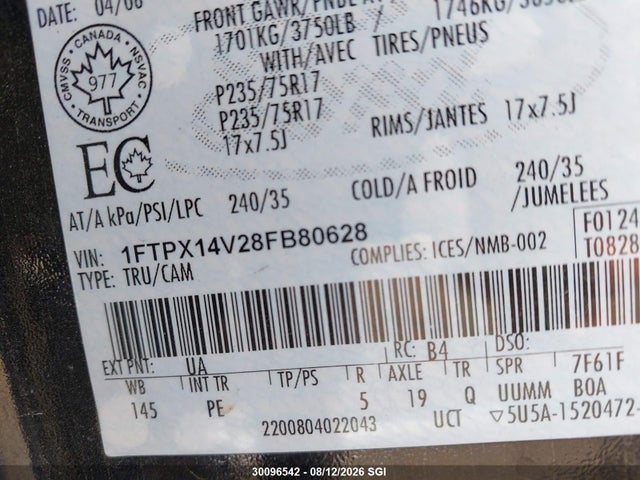 2008 Ford F150 მანქანა იყიდება აუქციონზე, vin: 1FTPX14V28FB80628, აუქციონის ნომერი: 30096542