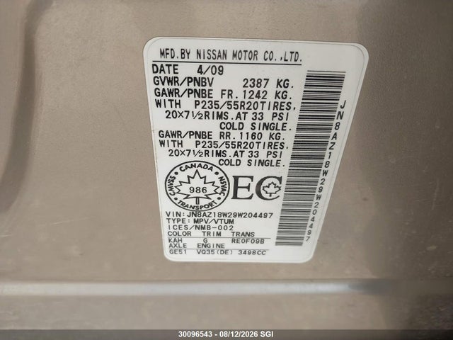 30096543 :رقم المزاد ، JN8AZ18W29W204497 vin ، 2009 Nissan Murano S/sl/le مزاد بيع