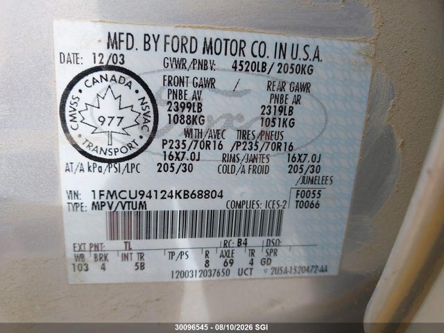 Продажа на аукционе авто 2004 Ford Escape Limited, vin: 1FMCU94124KB68804, номер лота: 30096545