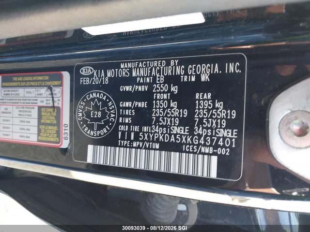 Продажа на аукционе авто 2019 Kia Sorento Sx/sxl, vin: 5XYPKDA5XKG437401, номер лота: 30093039