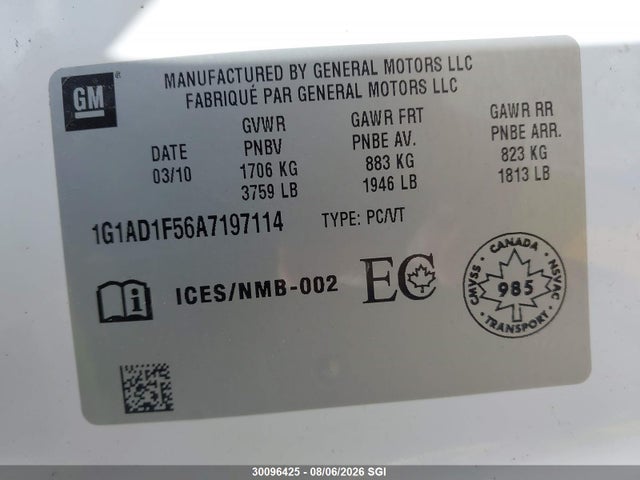 2010 Chevrolet Cobalt 1lt მანქანა იყიდება აუქციონზე, vin: 1G1AD1F56A7197114, აუქციონის ნომერი: 30096425