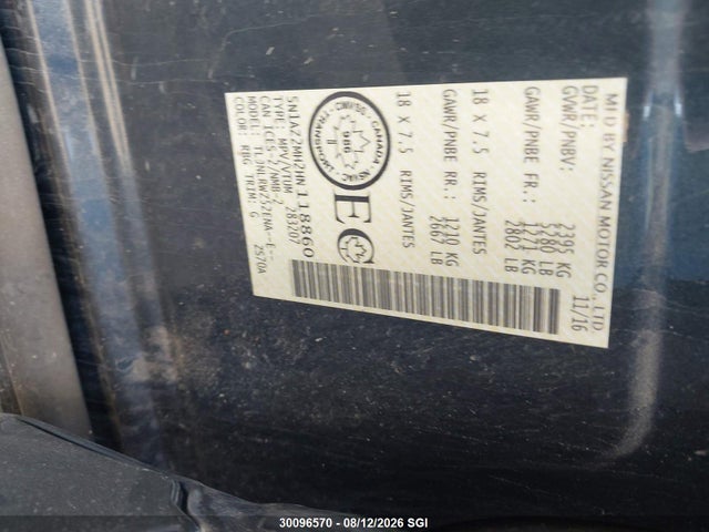 30096570 :رقم المزاد ، 5N1AZ2MH2HN118860 vin ، 2017 Nissan Murano S/sl/sv/platinum مزاد بيع