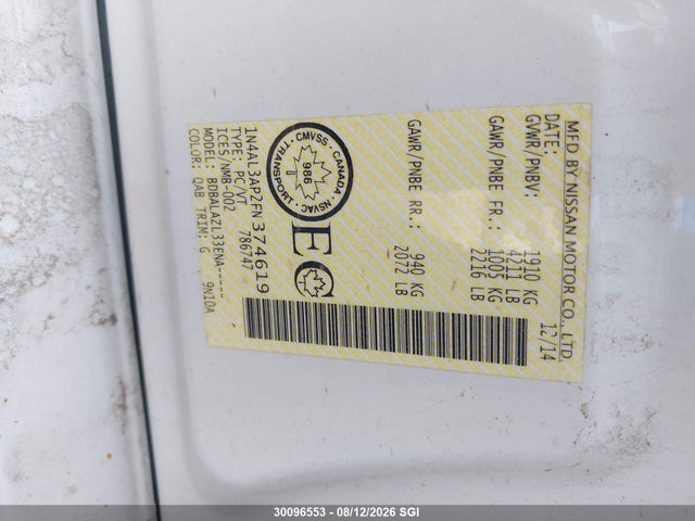 30096553 :رقم المزاد ، 1N4AL3AP2FN374619 vin ، 2015 Nissan Altima 2.5/s/sv/sl مزاد بيع