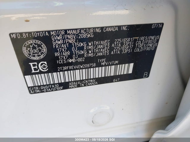 2T3RFREV4EW209758 Toyota Rav4 Xle