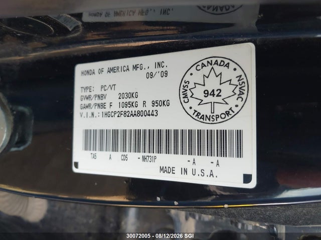 30072005 :رقم المزاد ، 1HGCP2F82AA800443 vin ، 2010 Honda Accord Exl مزاد بيع