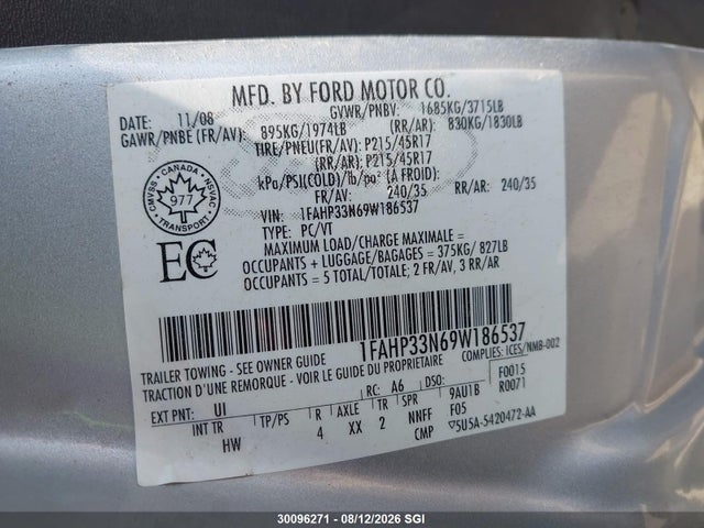 Aukcja sprzedaży 2009 Ford Focus Ses, vin: 1FAHP33N69W186537, numer aukcji: 30096271