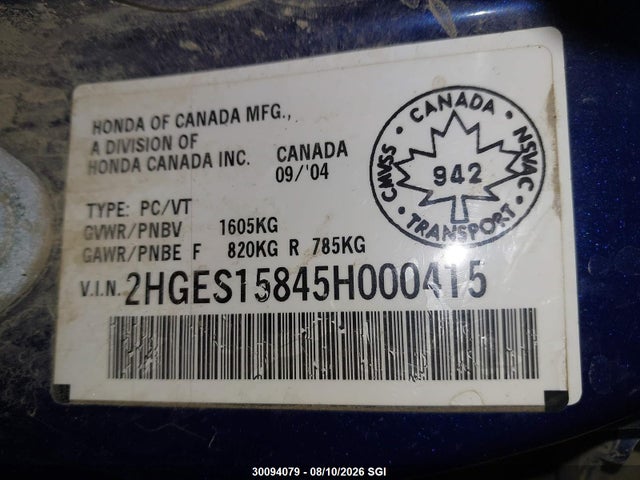 30094079 :رقم المزاد ، 2HGES15845H000415 vin ، 2005 Honda Civic Lx مزاد بيع