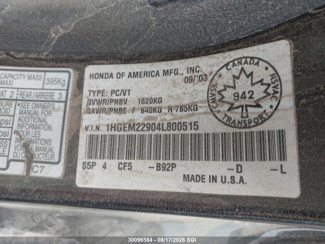 Auction sale of the 2004 Honda Civic Ex, vin: 1HGEM22904L800515, lot number: 30096584