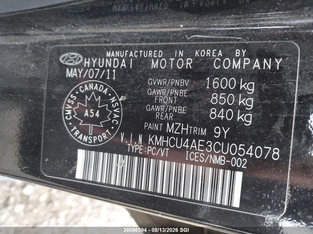 30096594 :رقم المزاد ، KMHCU4AE3CU054078 vin ، 2012 Hyundai Accent Gls/gs/se مزاد بيع