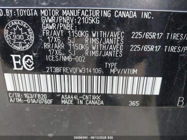 Продажа на аукционе авто 2015 Toyota Rav4 Le, vin: 2T3BFREV0FW314106, номер лота: 30096595