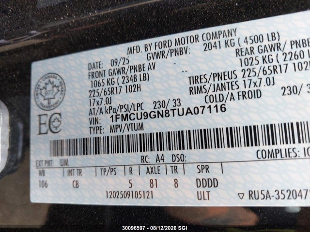 Aukcja sprzedaży 2026 Ford Escape Active, vin: 1FMCU9GN8TUA07116, numer aukcji: 30096597