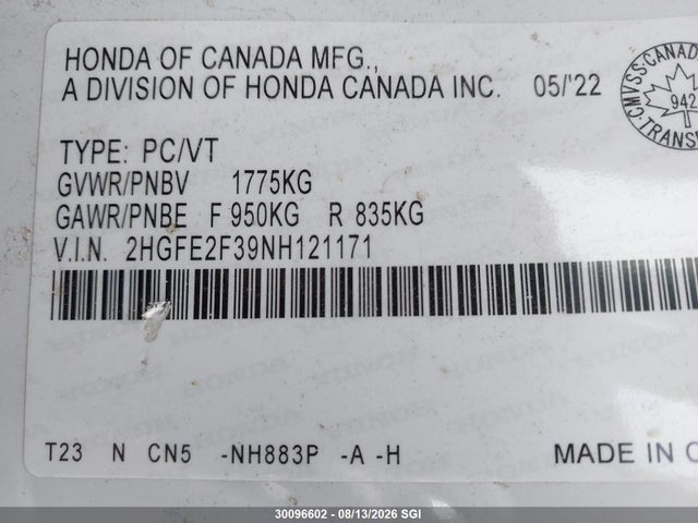 Aukcja sprzedaży 2022 Honda Civic Ex, vin: 2HGFE2F39NH121171, numer aukcji: 30096602
