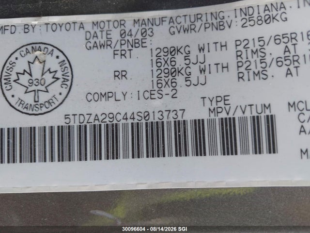Продажа на аукционе авто 2004 Toyota Sienna Ce, vin: 5TDZA29C44S013737, номер лота: 30096604