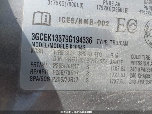 2009 Chevrolet Silverado K1500 მანქანა იყიდება აუქციონზე, vin: 3GCEK13379G194336, აუქციონის ნომერი: 30096605