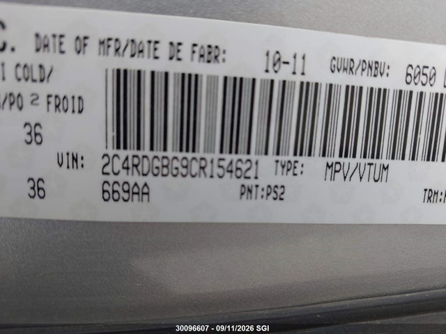 Продажа на аукционе авто 2012 Dodge Grand Caravan Se, vin: 2C4RDGBG9CR154621, номер лота: 30096607