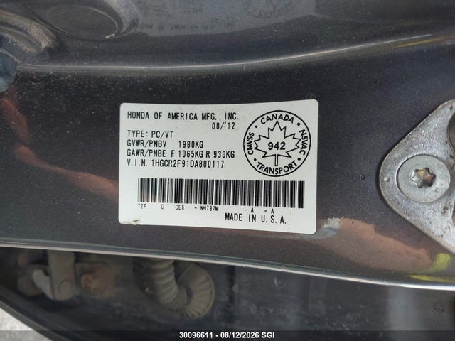 Aukcja sprzedaży 2013 Honda Accord Touring, vin: 1HGCR2F91DA800117, numer aukcji: 30096611
