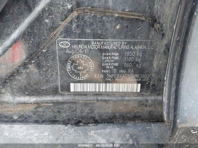 Aukcja sprzedaży 2012 Hyundai Sonata Gls, vin: 5NPEB4AC1CH363902, numer aukcji: 30096617