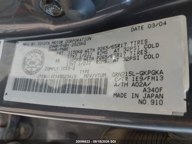 Aukcja sprzedaży 2004 Toyota 4runner Sr5/sport, vin: JTEBU14R948023419, numer aukcji: 30096622