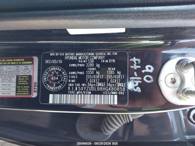 Aukcja sprzedaży 2017 Hyundai Santa Fe Sport, vin: 5XYZUDLB8HG480858, numer aukcji: 30096626