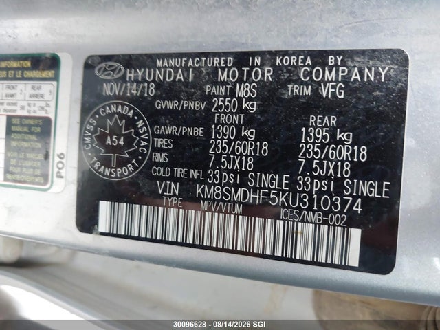 Aukcja sprzedaży 2019 Hyundai Santa Fe Xl Se, vin: KM8SMDHF5KU310374, numer aukcji: 30096628