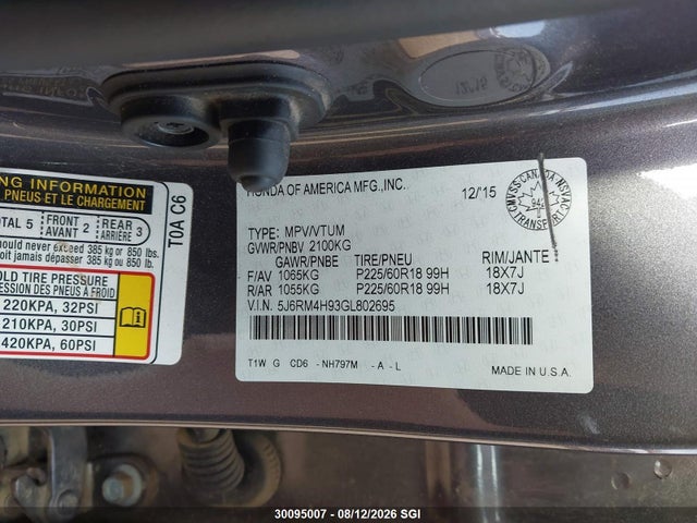 Продажа на аукционе авто 2016 Honda Cr-v Touring, vin: 5J6RM4H93GL802695, номер лота: 30095007
