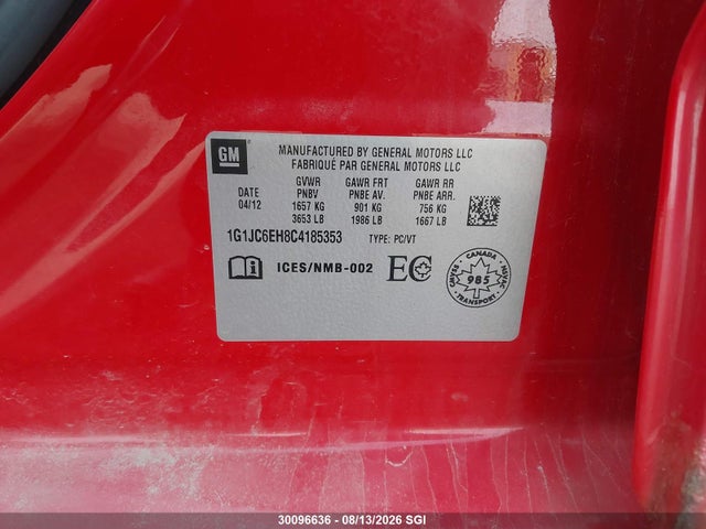Aukcja sprzedaży 2012 Chevrolet Sonic Lt, vin: 1G1JC6EH8C4185353, numer aukcji: 30096636