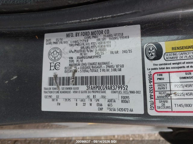 Продаж на аукціоні авто 2010 Ford Fusion Sel, vin: 3FAHP0CG9AR379952, номер лоту: 30096637
