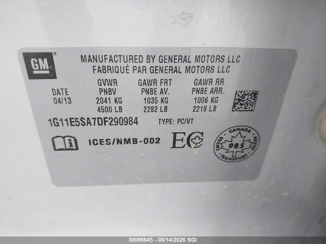 Продаж на аукціоні авто 2013 Chevrolet Malibu 2lt, vin: 1G11E5SA7DF290984, номер лоту: 30096645