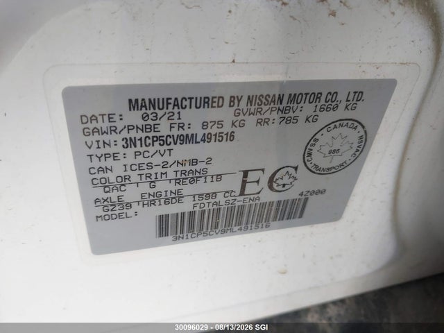 Aukcja sprzedaży 2021 Nissan Kicks Sv, vin: 3N1CP5CV9ML491516, numer aukcji: 30096029
