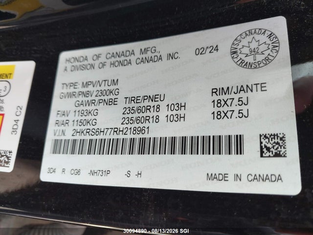 Продаж на аукціоні авто 2024 Honda Cr-v Exl, vin: 2HKRS6H77RH218961, номер лоту: 30094890