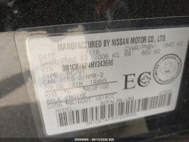 30094889 :رقم المزاد ، 3N1CB7AP4HY243696 vin ، 2017 Nissan Sentra Sr Turbo/nismo مزاد بيع