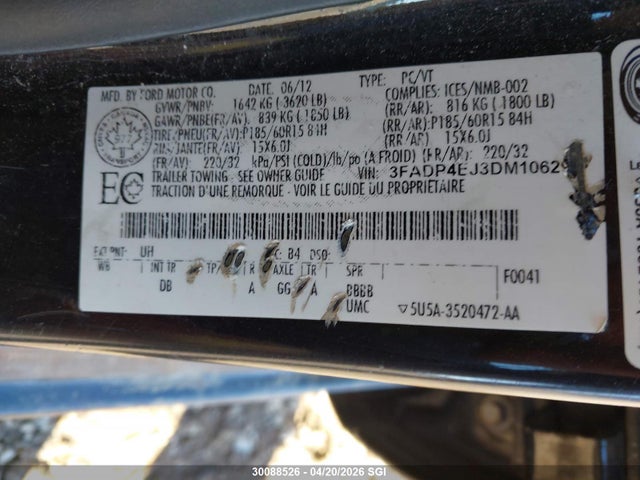30088526 :رقم المزاد ، 3FADP4EJ3DM106294 vin ، 2013 Ford Fiesta Se مزاد بيع