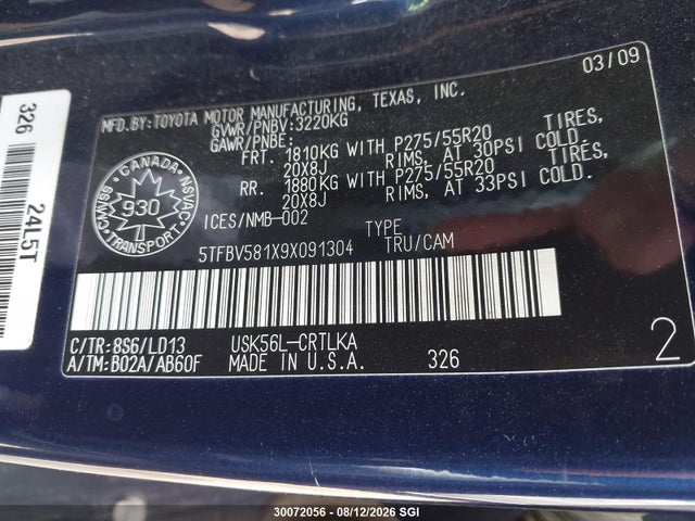 Продаж на аукціоні авто 2009 Toyota Tundra Limited 5.7l V8, vin: 5TFBV581X9X091304, номер лоту: 30072056