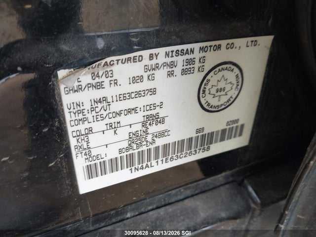 30095628 :رقم المزاد ، 1N4AL11E63C263758 vin ، 2003 Nissan Altima S/sl مزاد بيع