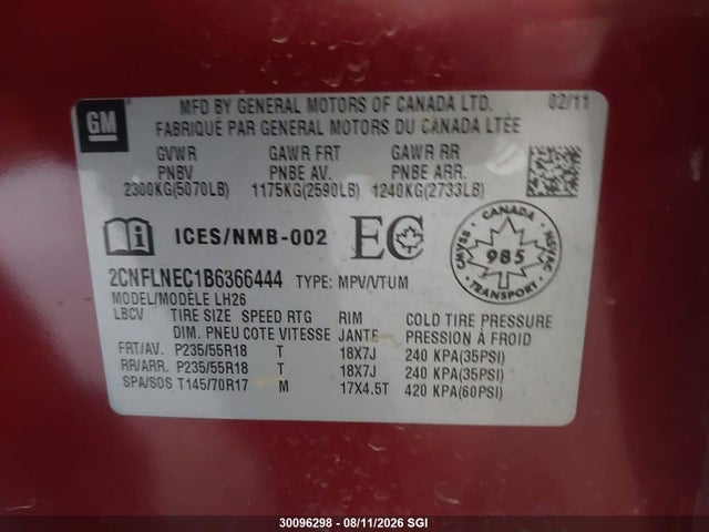 30096298 :رقم المزاد ، 2CNFLNEC1B6366444 vin ، 2011 Chevrolet Equinox Lt مزاد بيع