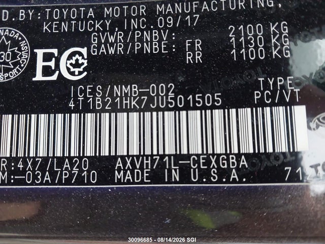 2018 Toyota Camry Hybrid/le/xle/se მანქანა იყიდება აუქციონზე, vin: 4T1B21HK7JU501505, აუქციონის ნომერი: 30096685