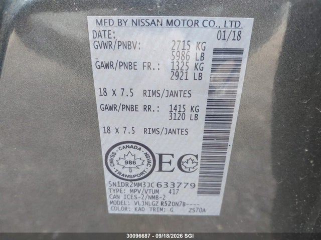 5N1DR2MM3JC633779 Nissan Pathfinder S/sv/sl/platinum